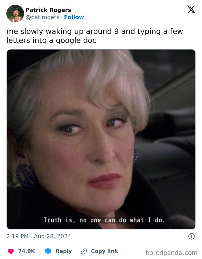 Woman with a skeptical look, captioned with humorous work tweet about late morning productivity.