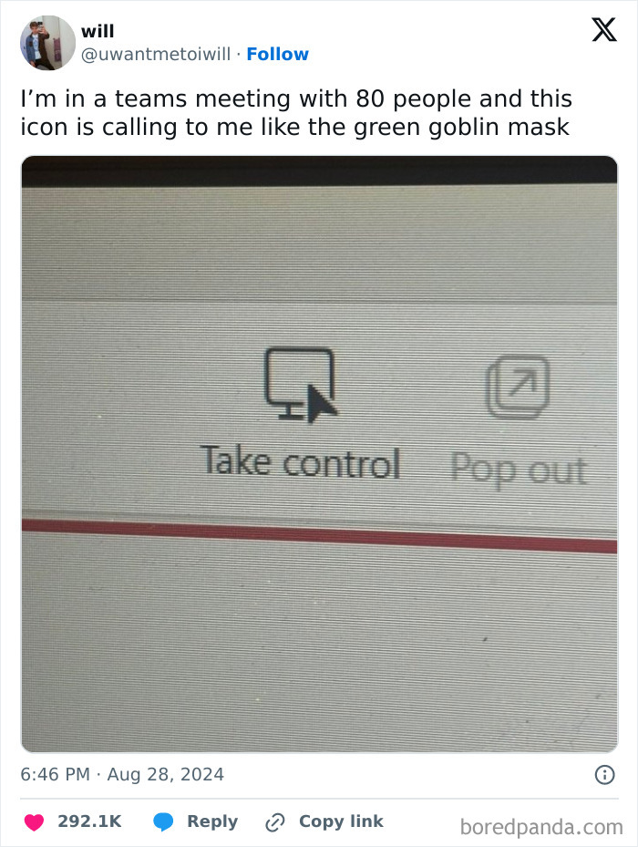 Close-up of a computer screen showing "Take control" prompt during a virtual meeting; humorous work tweet moment.
