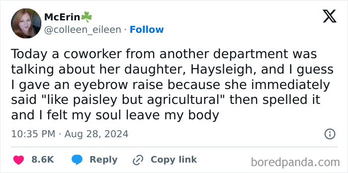A tweet with a funny workplace story about a daughter's name and a co-worker's reaction.