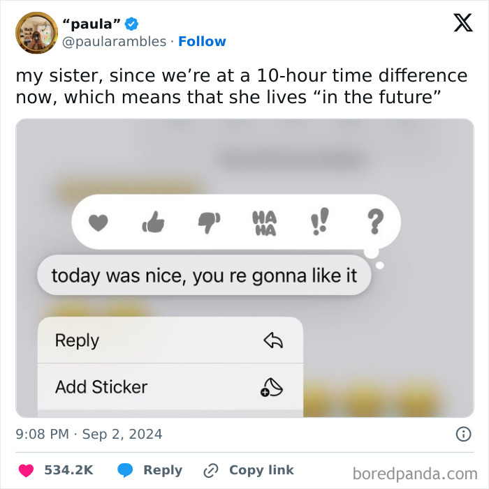 Text message meme about time zones and living "in the future," with social reactions and a reply option.