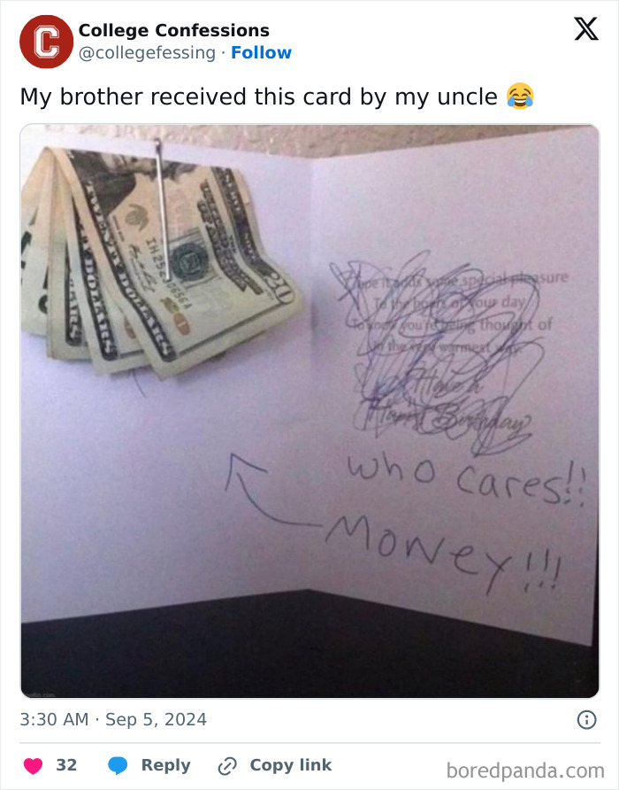 Greeting card with cash inside and handwritten note saying "Who cares!! Money!!!"