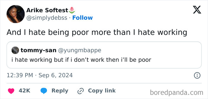 A social media post humorously highlighting broke people jokes about working to avoid poverty.