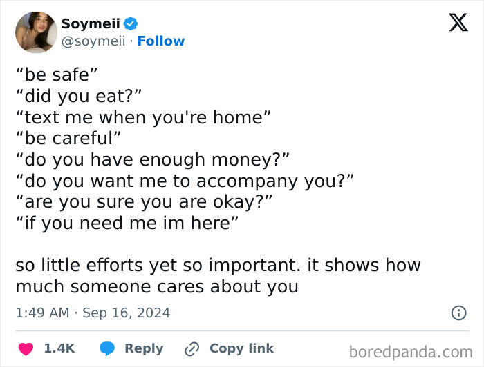 Wholesome post showing caring phrases like "be safe" and "text me when you're home" to display care and affection.