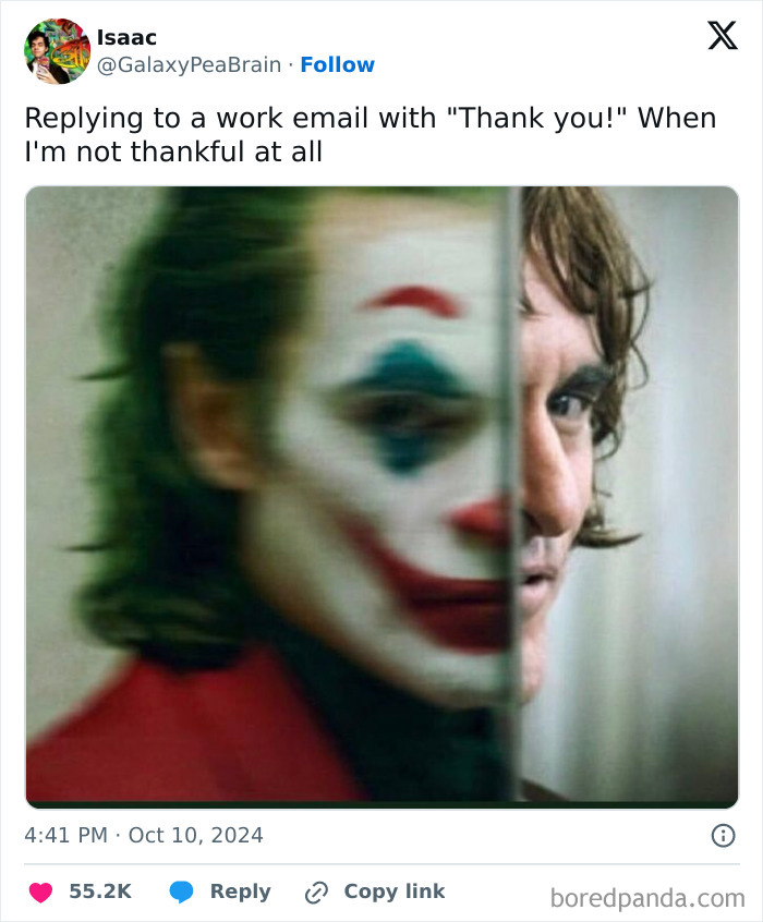 Joker makeup representing work-email-jokes about insincere gratitude in a tweet.