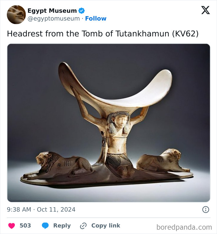 Ancient Egyptian artifact, headrest from King Tutankhamun’s tomb, featuring a carved figure and lions.