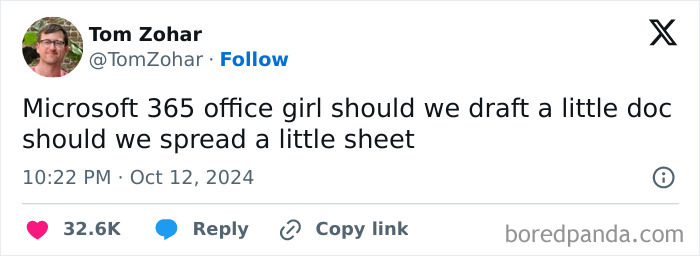 Funny work tweet about Microsoft 365 and office tasks with humorous wording.