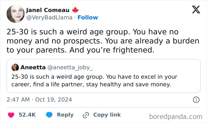 Two tweets humorously discussing the challenges faced by broke people aged 25-30, emphasizing financial struggles and expectations.