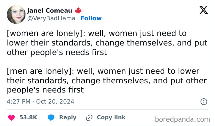 Tweet criticizing sexism with a sarcastic comment on double standards in gender expectations.