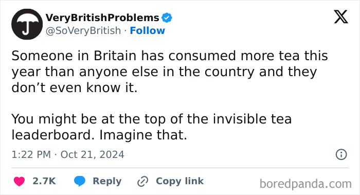 British humor tweet about tea consumption leaderboard anonymity.