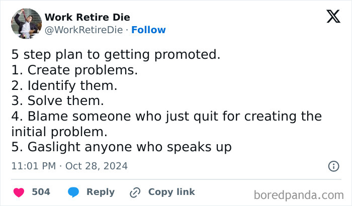 A humorous "work dungeon" job meme outlining a sarcastic five-step plan to get promoted.