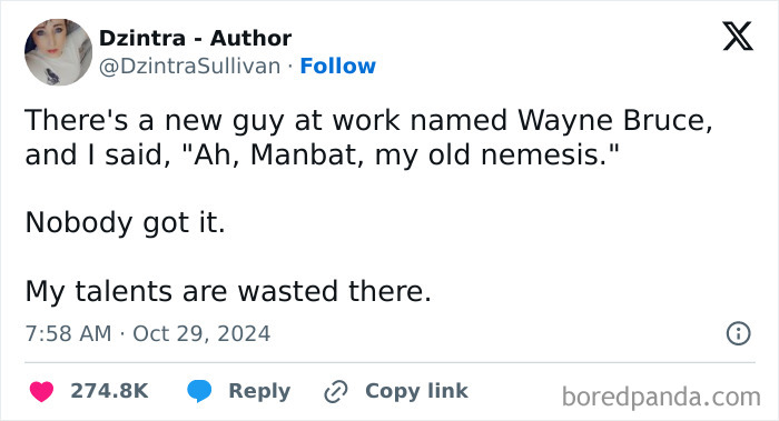 Humorous work tweet about a colleague named Wayne Bruce and a Batman-themed joke.