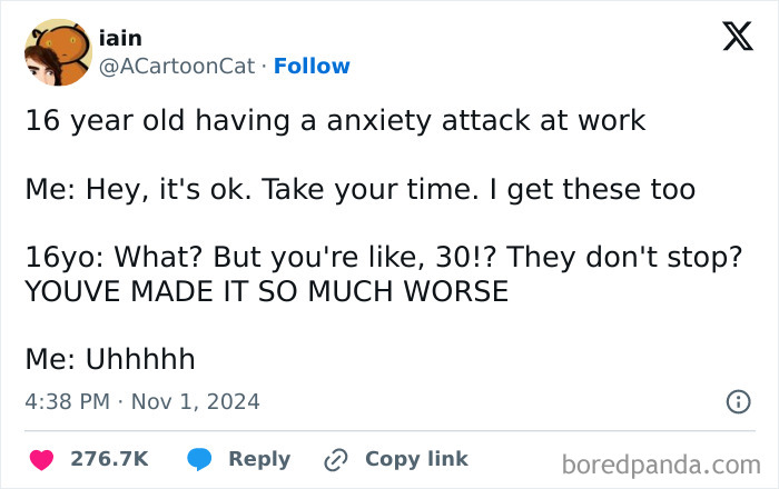 Funny work tweet about a 16-year-old's anxiety and age-related misunderstanding with a coworker.