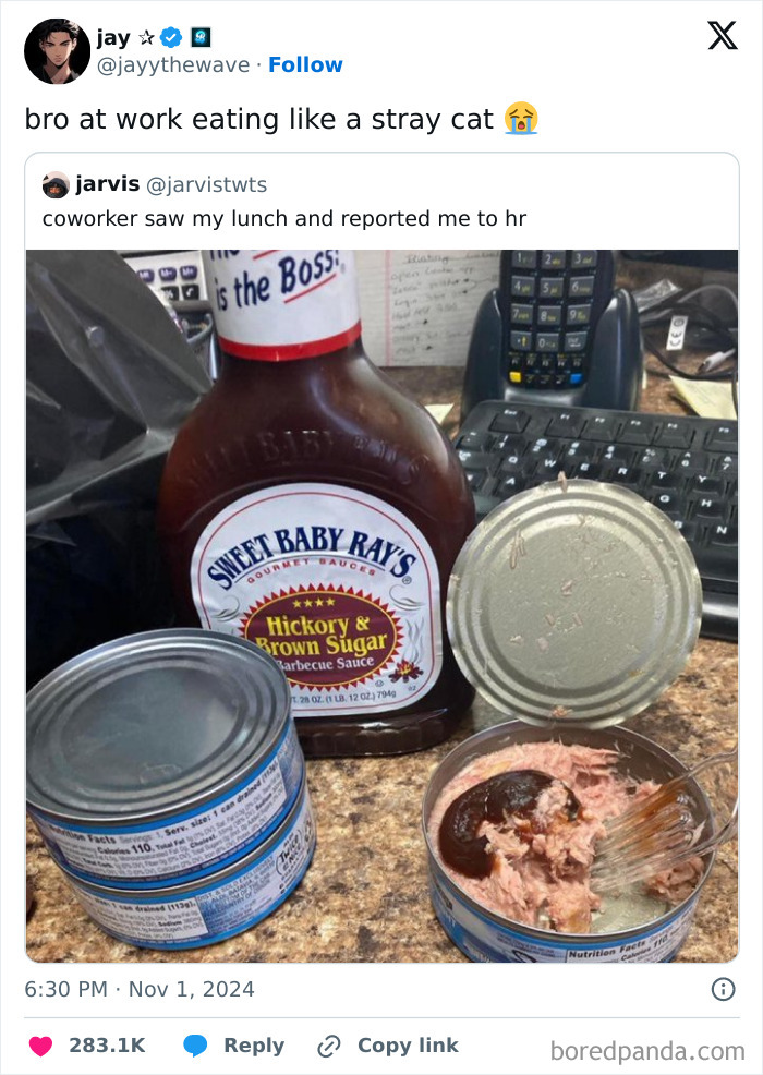Office lunch with canned tuna and barbecue sauce, a humorous work tweet scene.
