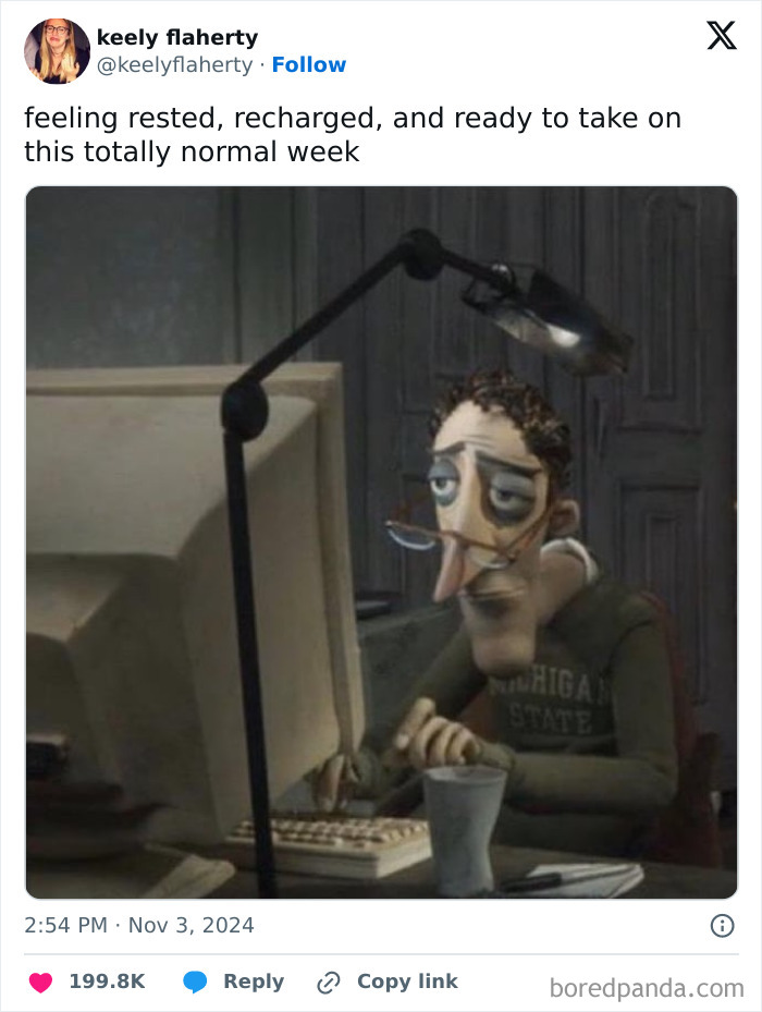 Cartoon character at a desk with a computer, lamp, and cup, humorously representing a typical workweek scenario.