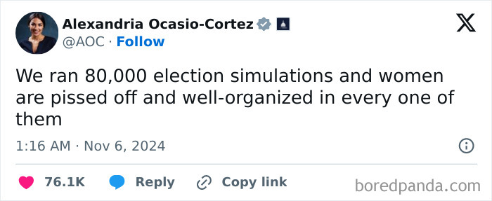 Tweet by a public figure discussing election simulations and women's reactions, highlighting an important issue.
