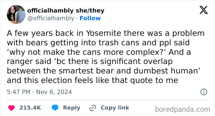 Tweet about bears and trash cans, highlighting human simplicity, related to wholesome and important topics.
