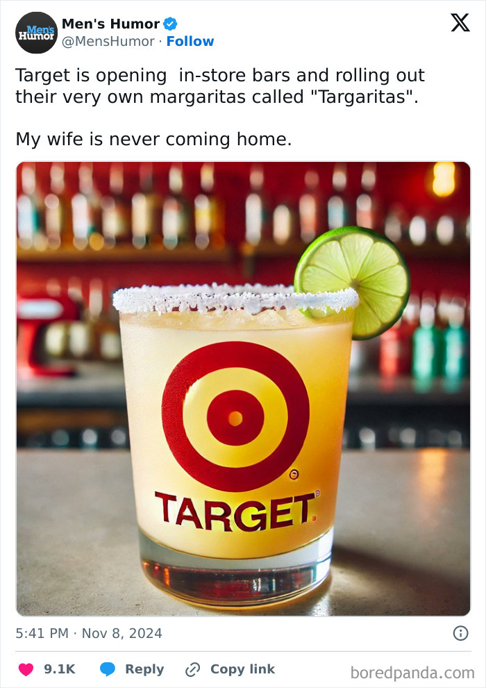 Funny meme about Target offering "Targarita" drinks at in-store bars, with a margarita glass featuring the Target logo.