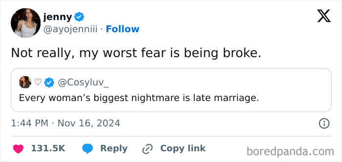 Tweet about fear of being broke, replying to comment on marriage nightmares.
