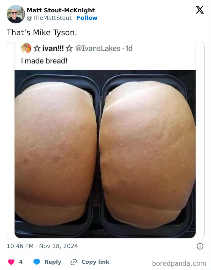 Two loaves of bread humorously compared to an iconic figure, part of a food-related meme.