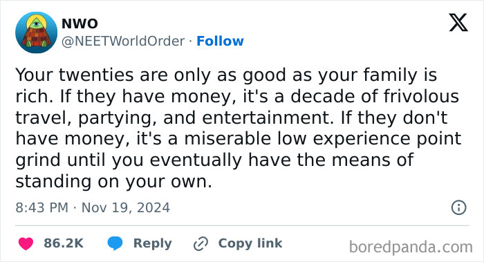 Social media post humorously contrasts rich and poor experiences in adulthood.