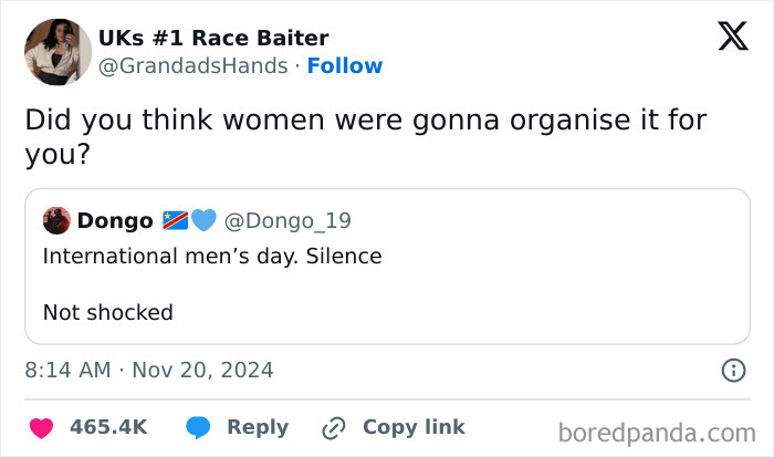 Tweet criticizing sexism with a response questioning the organization of International Men's Day.