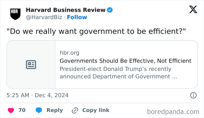 Harvard Business Review tweet with a provocative question, reflecting controversial "hot takes" in governance discussion.