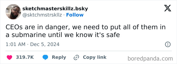 A tweet humorously suggesting CEOs be placed in a submarine for safety, with high engagement.