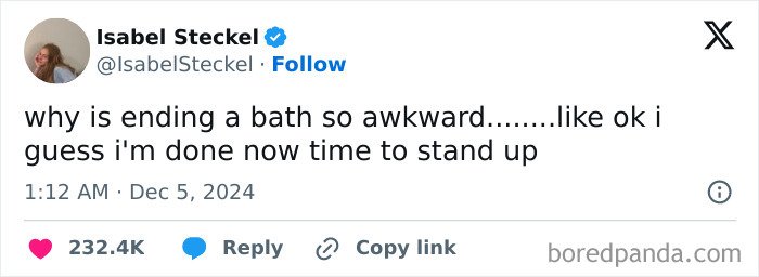 A tweet about awkward life moments, questioning why ending a bath feels awkward.