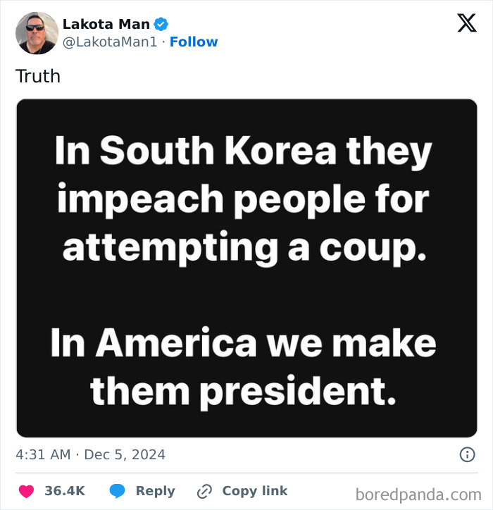 Tweet text with a facepalm moment comparing political actions in South Korea and America.