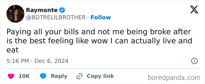 Tweet humorously expressing relief about not being broke after paying bills.