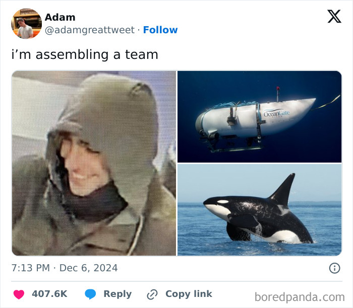 Person in a hood, a submarine, and an orca, depicting a humorous meme explanation about assembling a team.