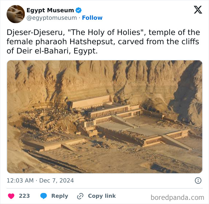 Ancient Egyptian artifact: Djeser-Djeseru, temple of Hatshepsut, carved into cliffs at Deir el-Bahari, Egypt.