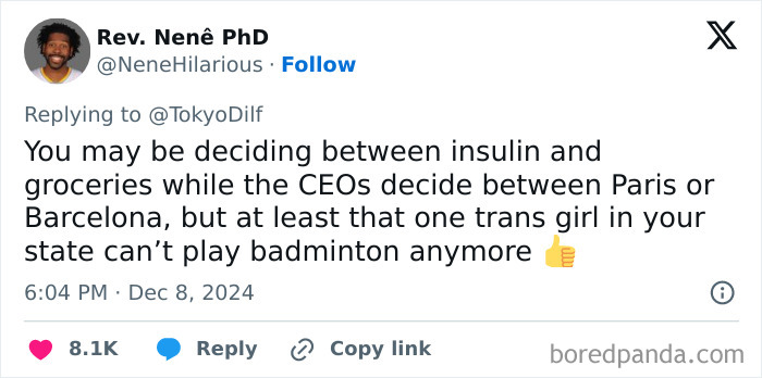 Tweet highlighting facepalm moment about social inequality and priorities in decision-making.