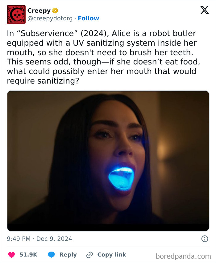 Robot butler with glowing blue UV light in mouth, illustrating internet's random wonders.