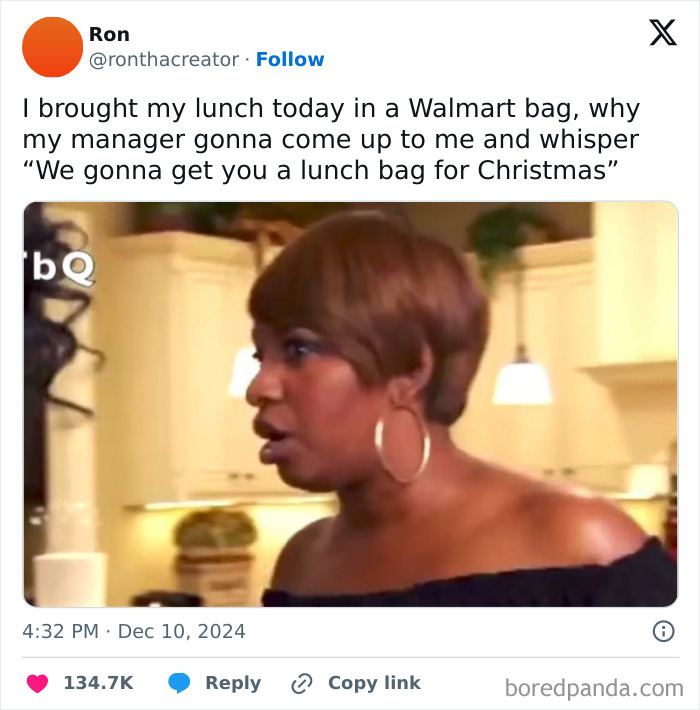 Funny work tweet about bringing lunch in a Walmart bag, with a manager's humorous Christmas remark.