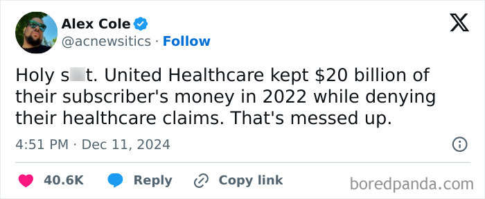 Tweet by Alex Cole highlighting a facepalm moment with United Healthcare's $20 billion controversy in 2022.