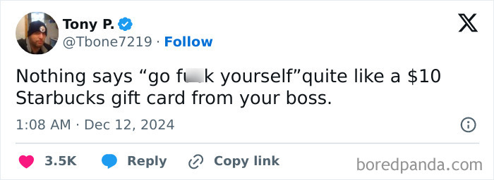 Funny work tweet about a $10 Starbucks gift card from a boss as a sarcastic gesture.