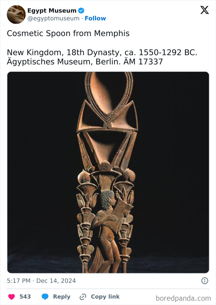 Ancient Egyptian artifact: carved cosmetic spoon from Memphis, 18th Dynasty, displayed at Ägyptisches Museum, Berlin.