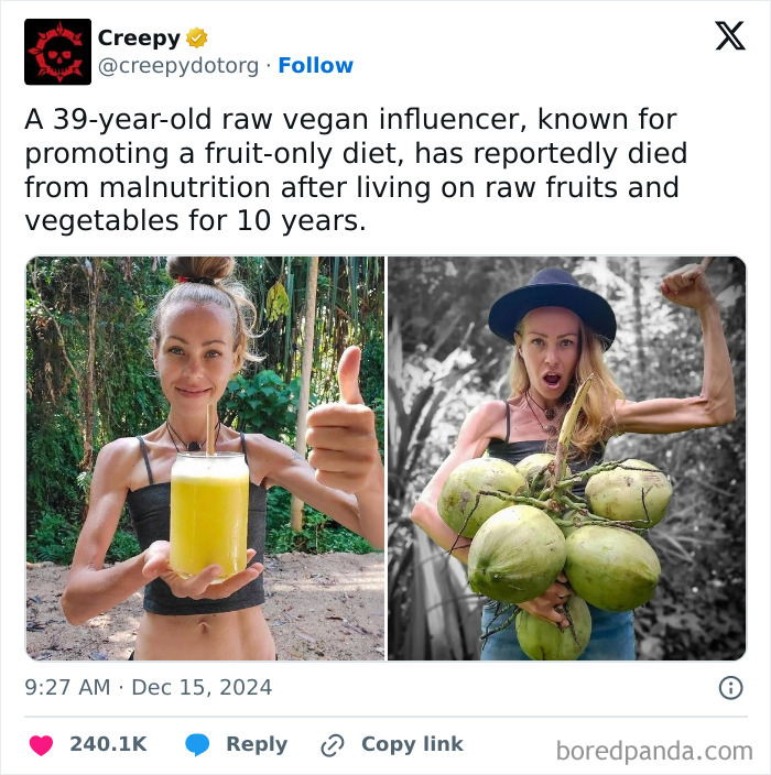 Raw vegan influencer promoting a fruit-only diet, holding a glass of juice and coconuts, showcasing lifestyle choices.