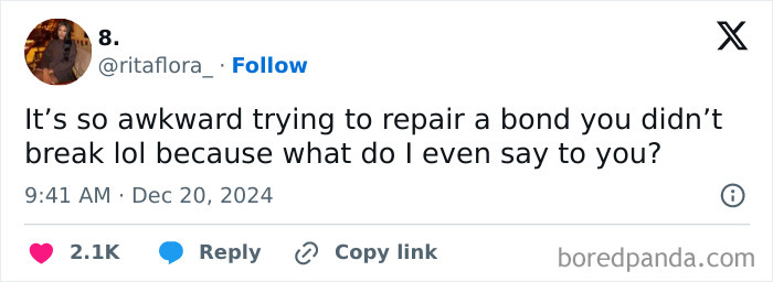 Awkward moment tweet about repairing a bond not broken by the user.