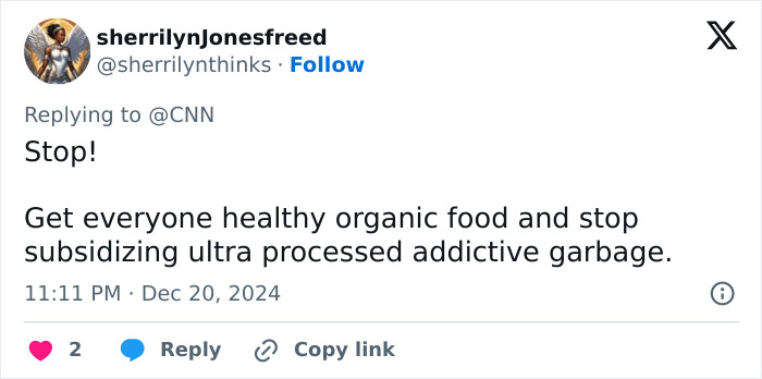 Tweet criticizing unhealthy food amid anti-obesity meds and weight loss trend. Tweet criticizing unhealthy food amid anti-obesity meds and weight loss trend.