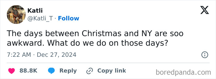 Tweet humorously highlights awkward life moments between Christmas and New Year.