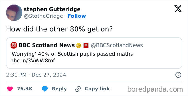 Scottish humor in a tweet about 40% of pupils passing maths, questioning how the other 80% performed.