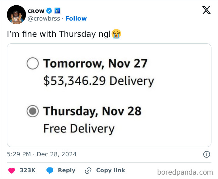 Funny X post showing delivery options: expensive tomorrow, free Thursday. User prefers Thursday with teary emoji.