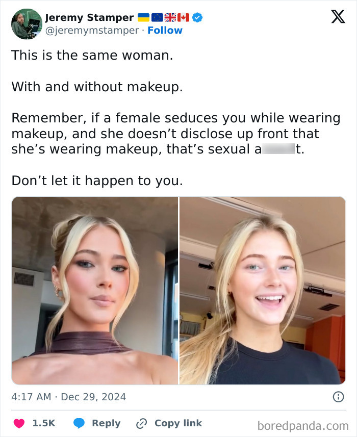 Woman with and without makeup, highlighting misconceptions about girls in a provocative social media post.