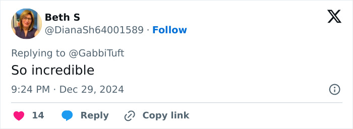 Tweet reply to Gabbi Tuft saying "So incredible," highlighting transition.