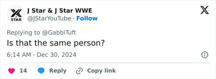 Tweet questioning if a former WWE star, who transitioned to a woman, is the same person, with likes and comments visible.