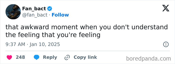 Tweet captures awkward life moment about feeling confused; shows engagement metrics and user details.