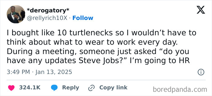 Funny work tweet about wearing turtlenecks to avoid outfit choices, compared to Steve Jobs during a meeting.