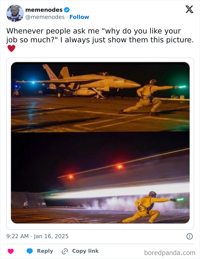 Aircraft job meme showing a launch on a carrier deck at night, illustrating intense action and excitement.